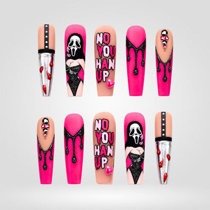 Don’t Hang Up | Hot Pink Slasher Halloween Press-On Nails – Coffin