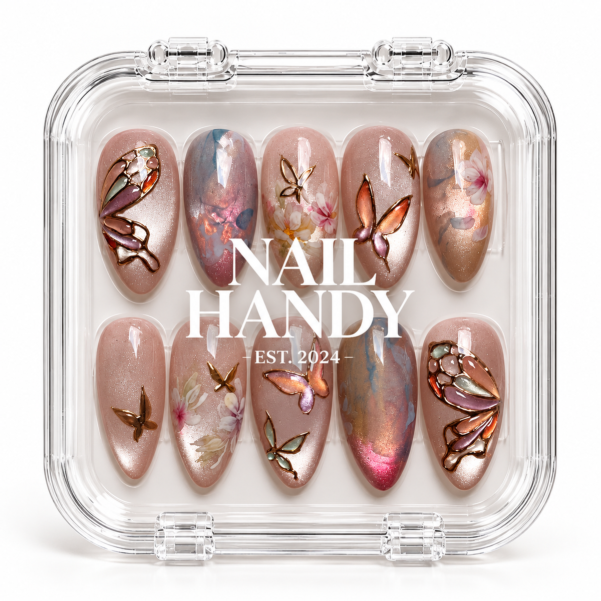 Iridescent Butterfly Garden Press-On Nails with Chrome Accents