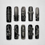 Iron Ritual gothic spike press-on nails - matte black, silver studded design