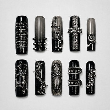 Iron Ritual gothic spike press-on nails - matte black, silver studded design
