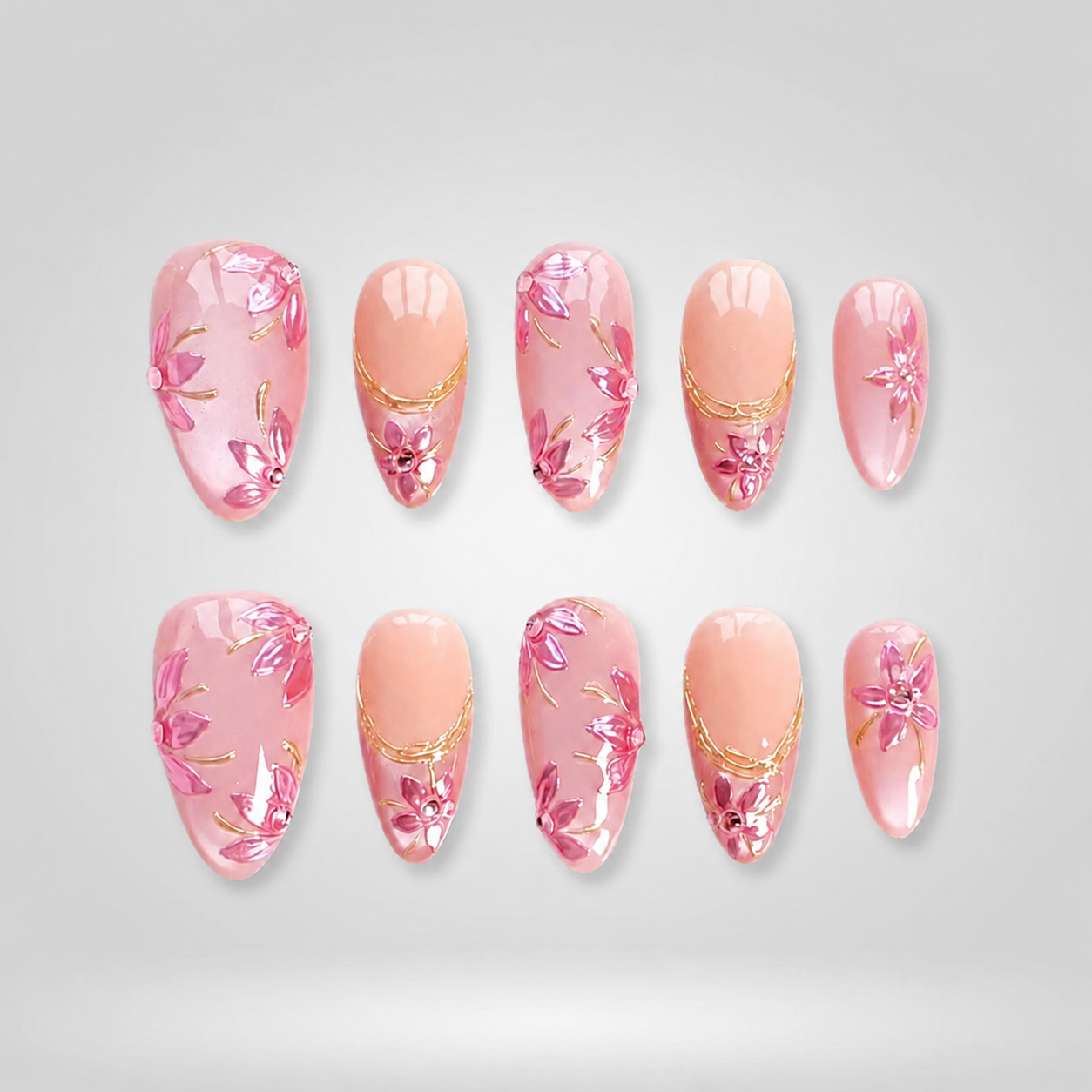 Peach Floral Glossy Gold Line Press-On Nails