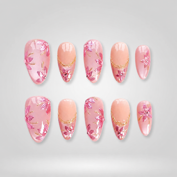 Peach Floral Glossy Gold Line press-on nails: soft peach pink, painted flowers and fine gold lines