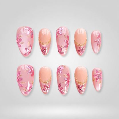 Peach Floral Glossy Gold Line Press-On Nails