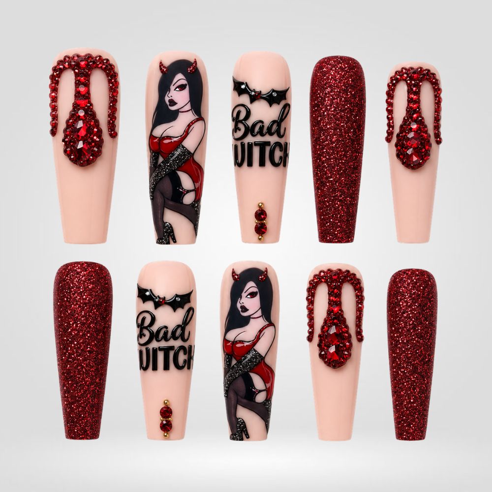 Bad Witch | Crimson Devil Glam Halloween Press-On Nails – Coffin