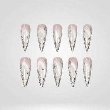Icy Silver frosted silver cat eye press-on nails in long stiletto shape