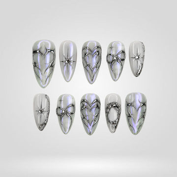 Silver Binding 3D chrome nails with sculpted line details on silver base