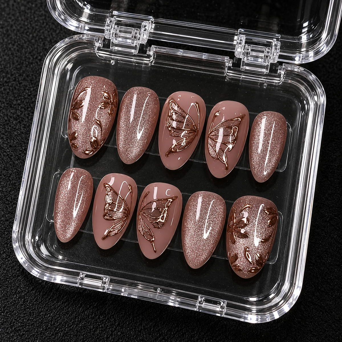 Rosewood Butterfly Gleam Press-On Nails with Metallic Botanical Accents