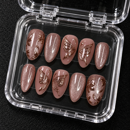 Rosewood Butterfly Gleam Press-On Nails with Metallic Botanical Accents