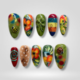 Clover Bloom press-on nails — hand-painted florals with clover charms