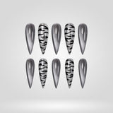 Zebra Flash silver zebra cat eye press-on nails in a stiletto shape - zebra, chrome design
