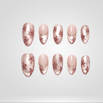 Mauve Lace 3D floral press-on nails with blush and gold accents