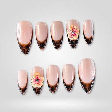 Tortoise Bloom 3D flower press-on nails with French tips
