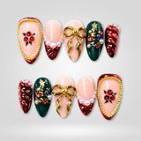 Berry Luxe 3D bow Christmas press-on nails — red green and gold