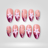 Pink Stary almond press-on nails with 3D star design