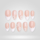 Daisy Smile press-on nails with hand-painted French tips and white daisies on almond shape