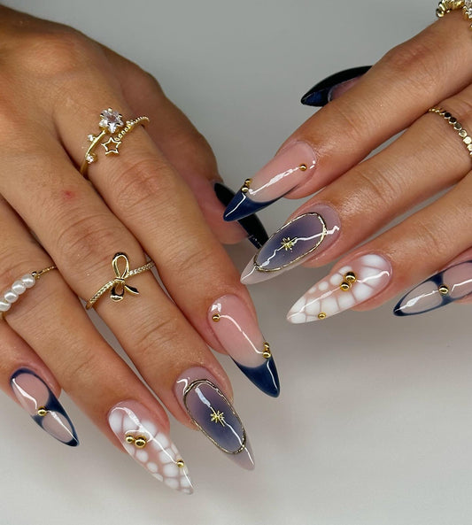 Midnight Elegance Nailbox – Gold & Navy French Tip Press-On Nail