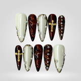 Ivory Cross press-on nails with gold cross and pearl accents