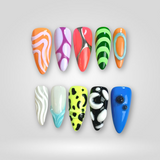 Neon Chaos hand-painted press-on nails with abstract neon design on stiletto shape