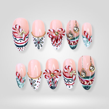 Peppermint Kiss 3D press-on nails, candy cane swirls with 3D bows