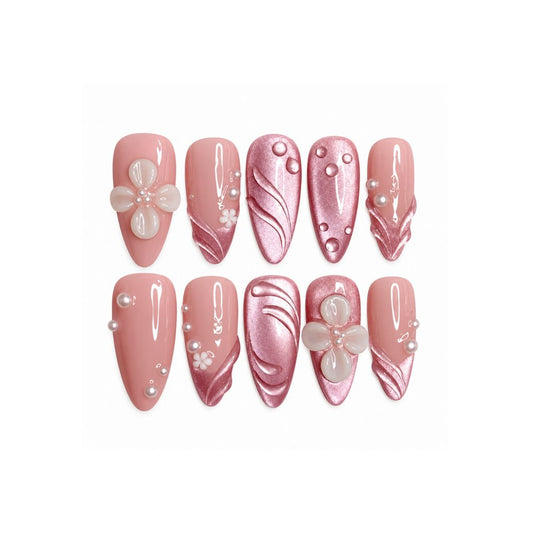 Blush Pearl Blossom Press-On Nails with Pink Chrome Accents