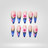 Sapphire Bloom 3D floral press-on nails with sapphire tips and pink florals