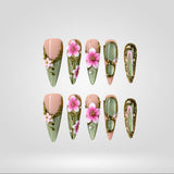 Emerald Garden 3D Floral press-on nails with sage green and opal shimmer