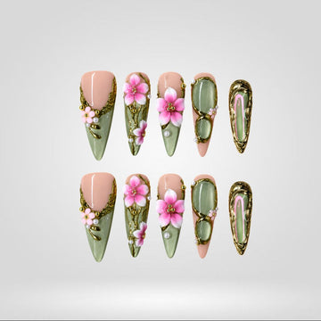 Emerald Garden 3D Floral press-on nails with sage green and opal shimmer