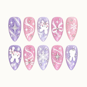Snow Bunny Shimmer Press-On Nails with Pastel Winter Details