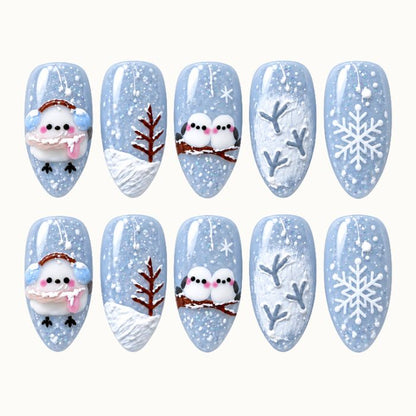 Snow Day Birds Press-On Nails with Winter Scenes