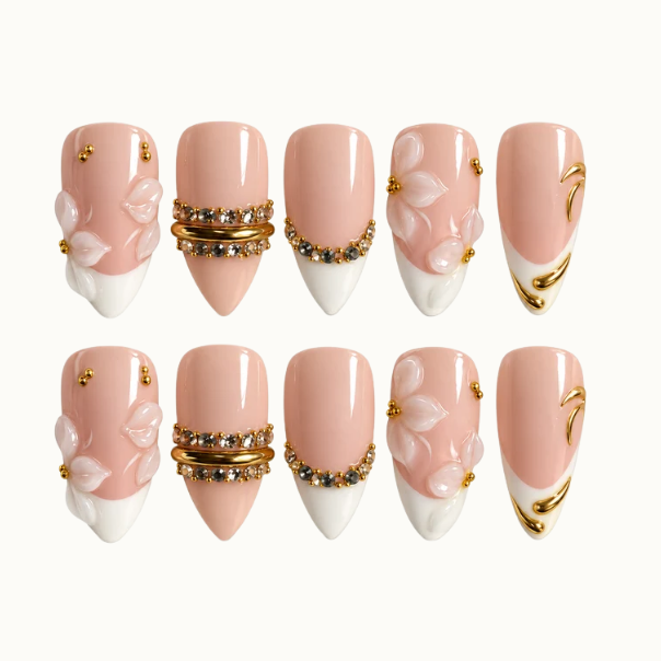 Blush Gilded Petals Press-On Nails with Floral Accents