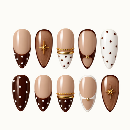 Cocoa Dot Halo Press-On Nails with Gold Accents