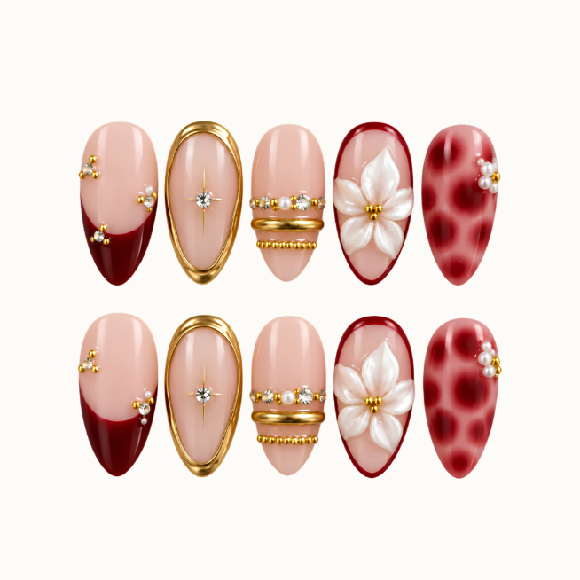 Ruby Pearl Bloom Press-On Nails with Floral and Gold Accents