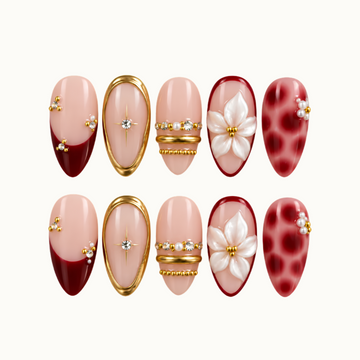 Ruby Pearl Bloom Press-On Nails with Floral and Gold Accents