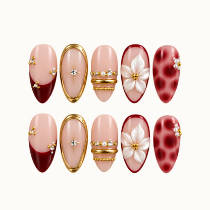 Ruby Pearl Bloom Press-On Nails with Floral and Gold Accents