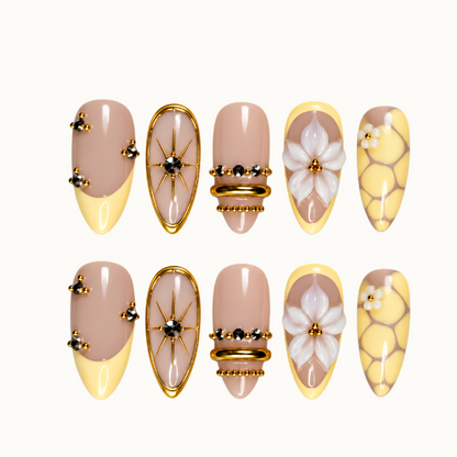 Gilded Lemon Bloom Press-On Nails – Yellow Florals & Gold Accents