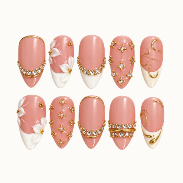 Blush Gilded Petals Press-On Nails with White Florals