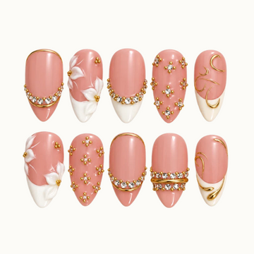 Blush Gilded Petals Press-On Nails with White Florals