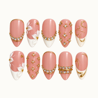 Blush Gilded Petals Press-On Nails with White Florals