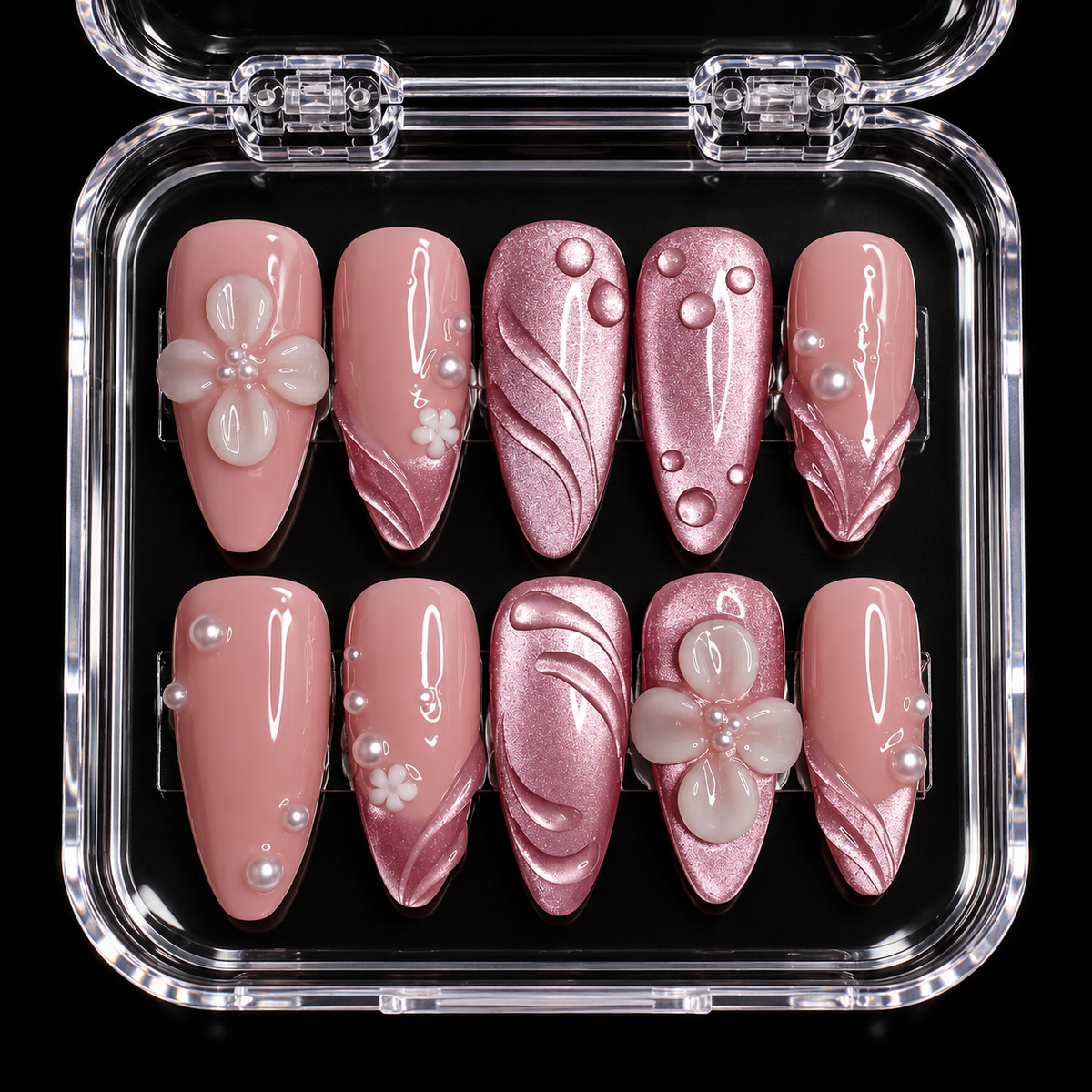 Blush Pearl Blossom Press-On Nails with Pink Chrome Accents