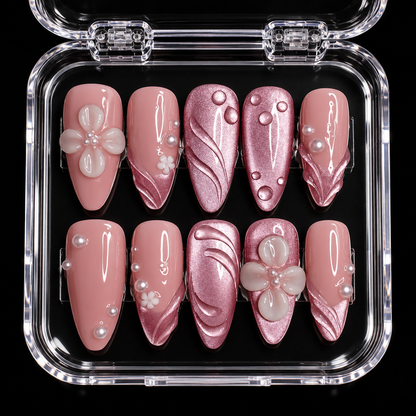 Blush Pearl Blossom Press-On Nails with Pink Chrome Accents