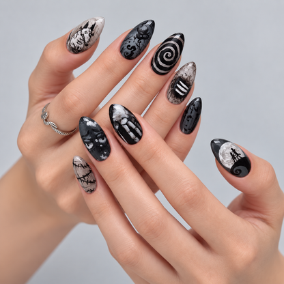Twisted Moonlight Halloween Almond Press-On Nails.