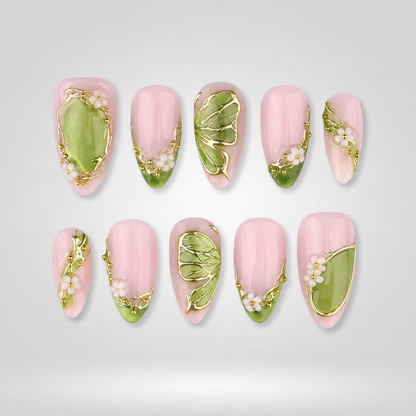 Olive Blossom 3D Cat Eye Press-On Nails