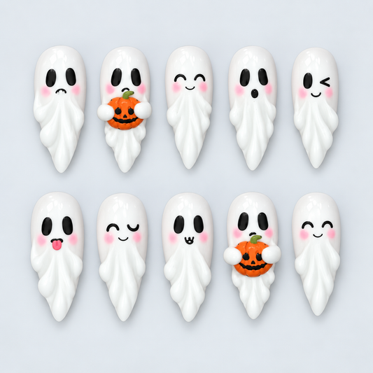 Pumpkin Boo Halloween Almond Press-On Nails