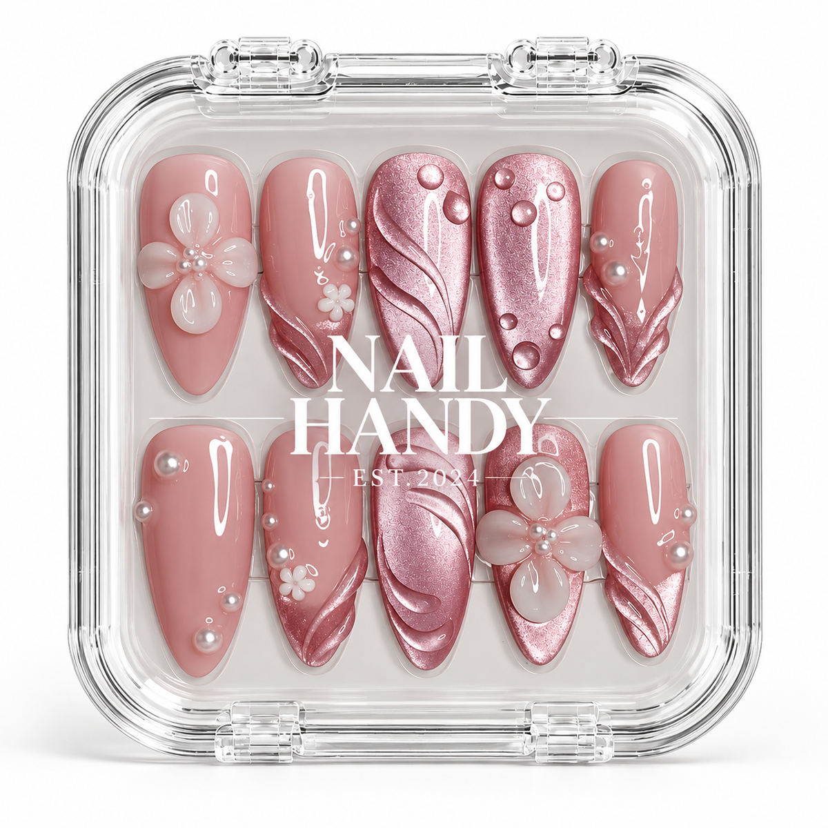 Blush Pearl Blossom Press-On Nails with Pink Chrome Accents