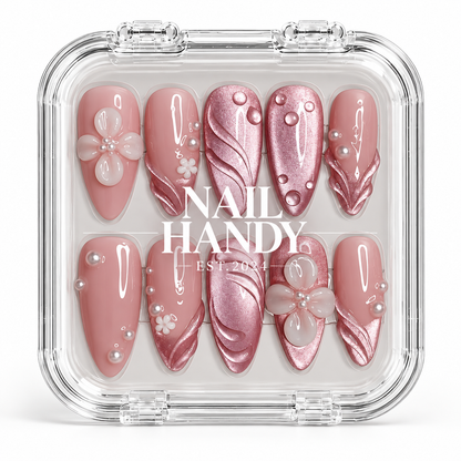 Blush Pearl Blossom Press-On Nails with Pink Chrome Accents