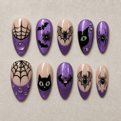 Full set of 10 almond press-on nails — Amethyst Web Halloween nail art with spider web, cat eye, bat