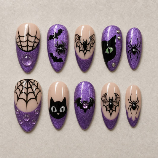 Full set of 10 almond press-on nails — Amethyst Web Halloween nail art with spider web, cat eye, bat
