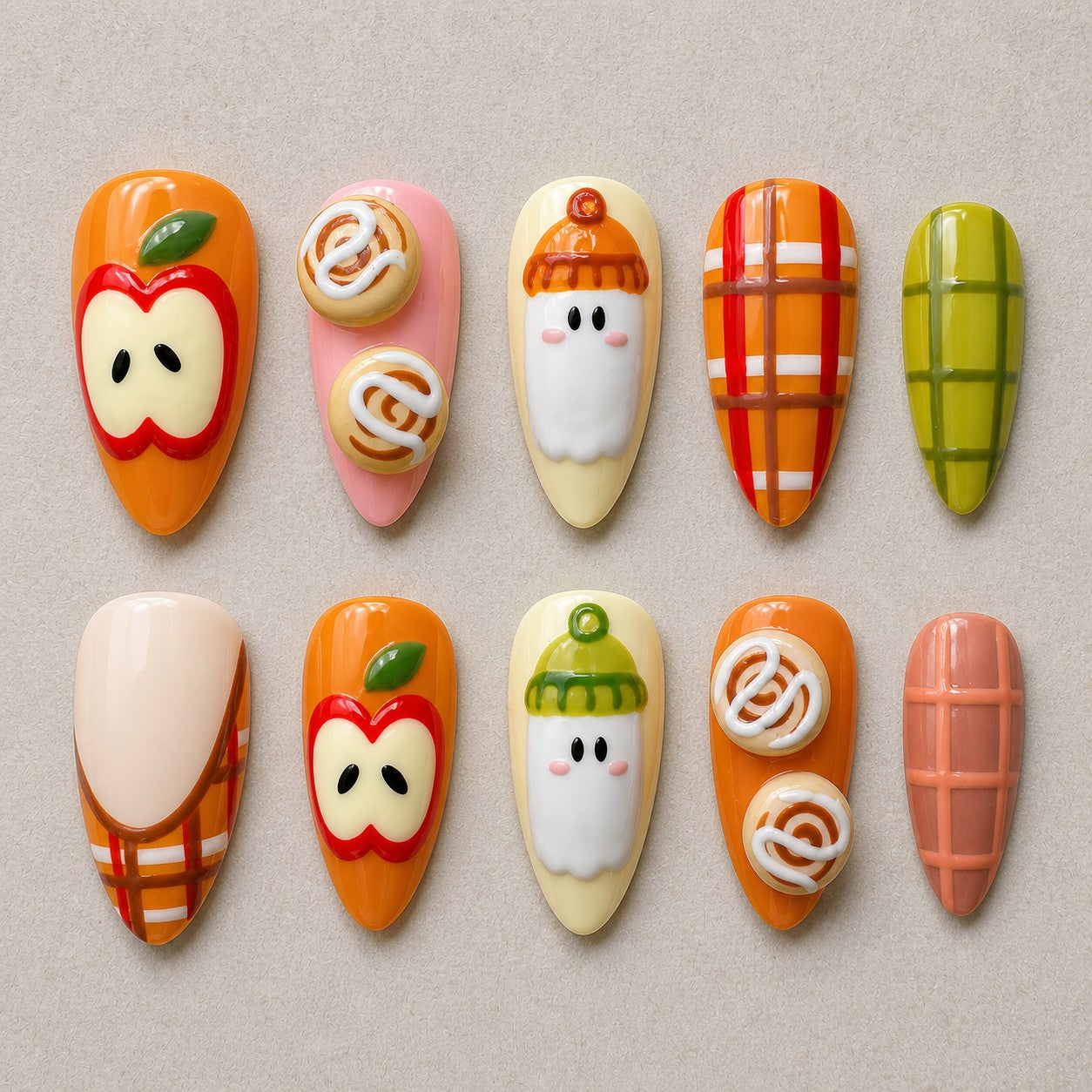 Full set of 10 almond press-on nails — Apple Orchard Boo Halloween nail art with fall, plaid, ghost