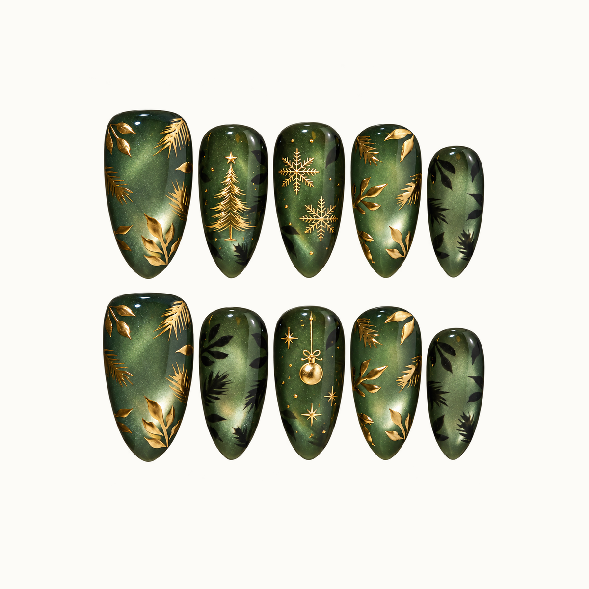 Ten glossy green nails arranged in two rows on a light neutral background, with gold-colored Christmas motifs, leafy branches, and dark foliage.