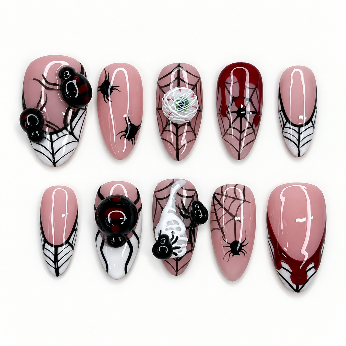 Crimson Web Crawl press-on nail set with dusty mauve bases, black spiderwebs, raised spiders, white cocoon accents, and crimson drips.